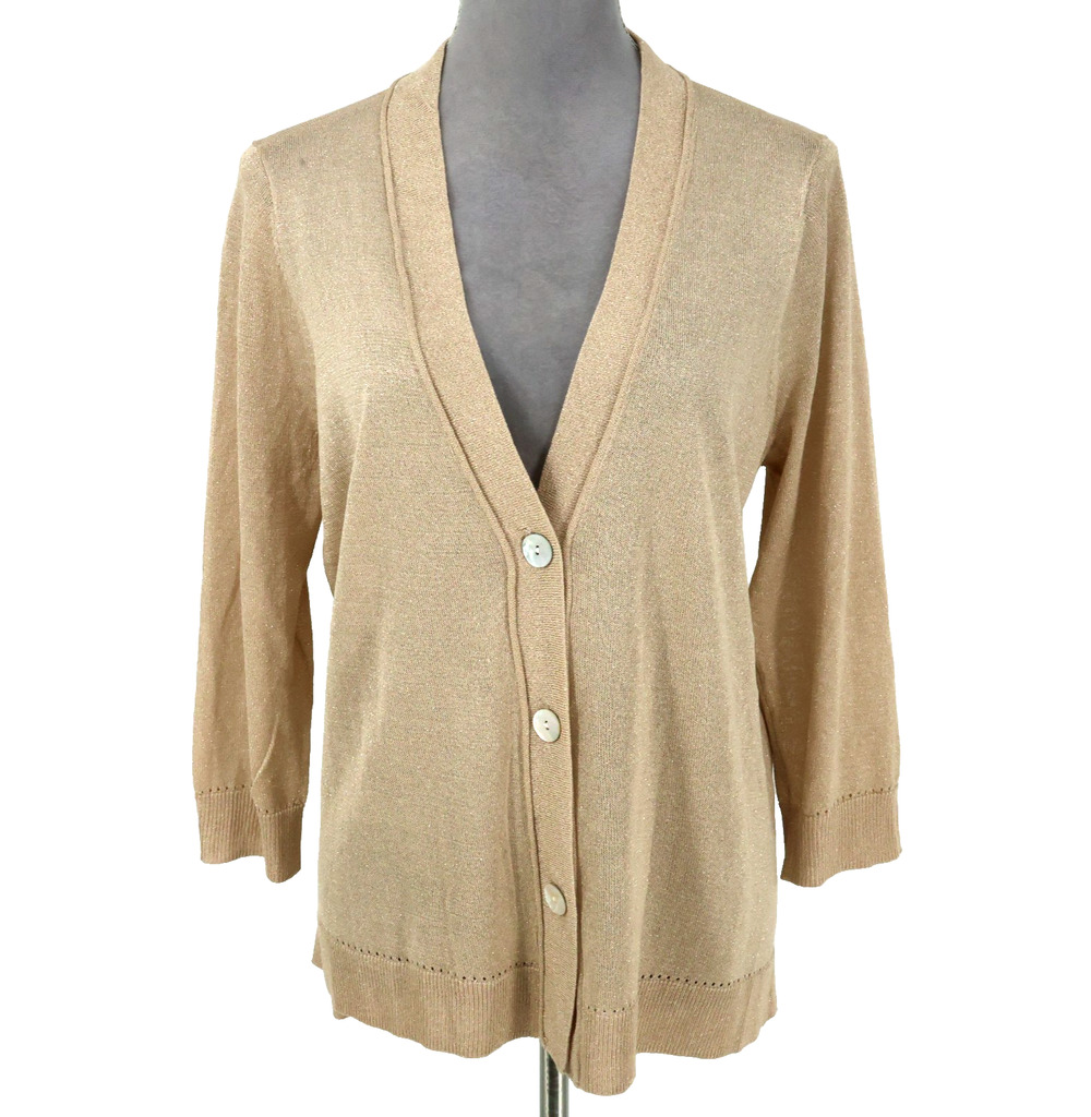 Chicos Sweater 2 Womens Large 12 Beige Gold Metallic Cardigan Coastal Preppy